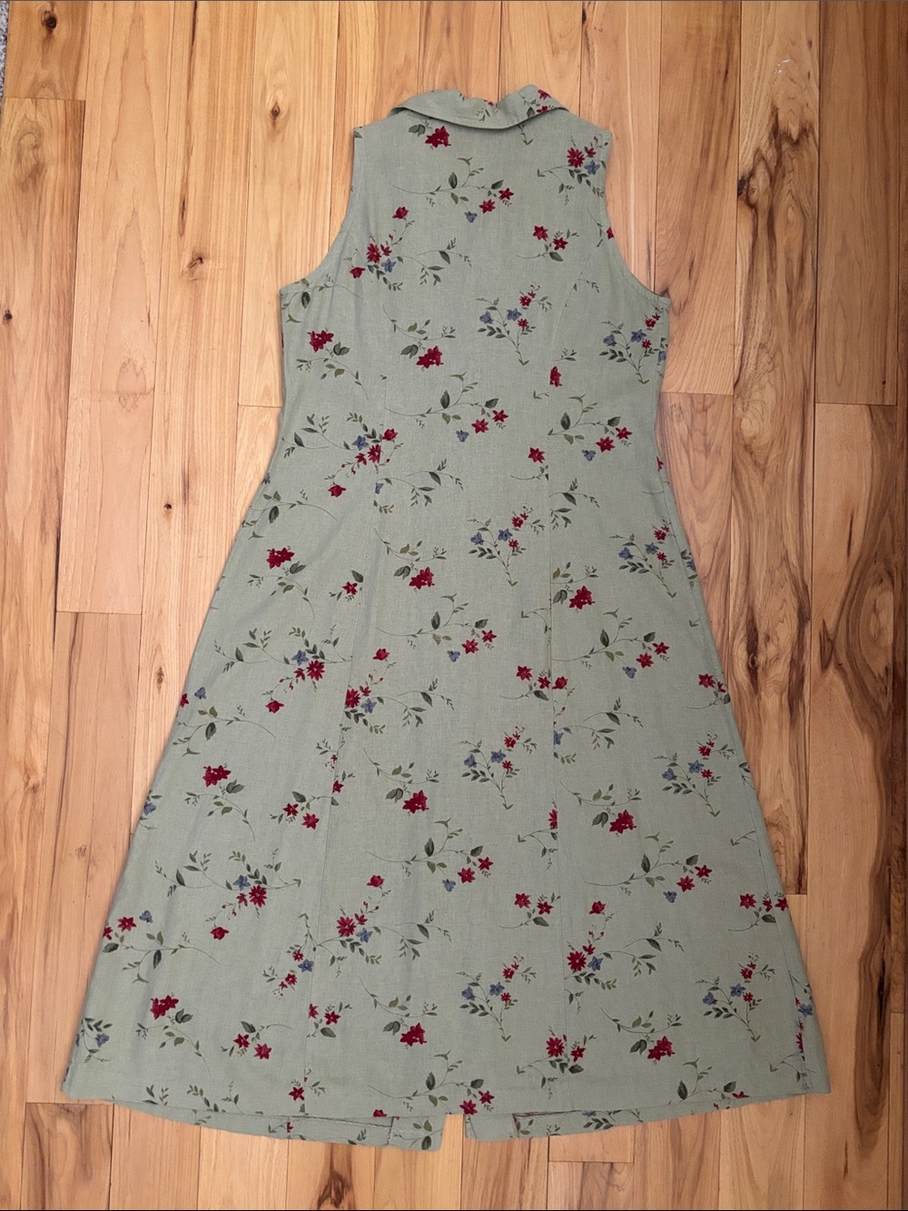 Sleeveless Linen Cotton Floral Print V Neck Collared A-line Midi Dress | Size L - Picture 2 of 6